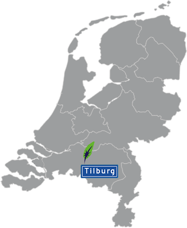 Grijze kaart van Nederland met Tilburg aangegeven voor maatwerk taalcursus Engels zakelijk - blauw plaatsnaambord met witte letters en Dagnall veer - transparante achtergrond - 600 * 733 pixels